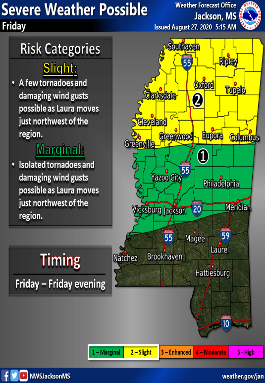 Image may contain: text that says 'Severe Weather Possible Weather Forecast Office Jackson, MS Friday Issued August 27, 2020 5:15 AM Southaven Clarksdale Risk Categories Slight: Afew tornadoes and damaging wind gusts possible as Laura moves just northwest of the region. Marqinal: Isolated tornadoes and damaging wind gusts possible as Laura moves just northwest of the region. Cleveland Greenville Greenwood Eupora Columbus Yazooiy 55 Yazoo Philadelphia Vicksburg 20 Meridian 55 59 Natchez Magee Laurel Brookhaven Timing Friday- Friday evening Hattiesburg 1-Marginal 2-Slight fo NWSJacksonMS -Enhanced 4-Moderate 5-High weather.gov/jan'